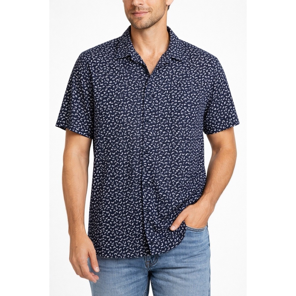 Mens Navy Short Sleeve Hawaiian Button Down Shirt Crescent Print Casual Size XXL